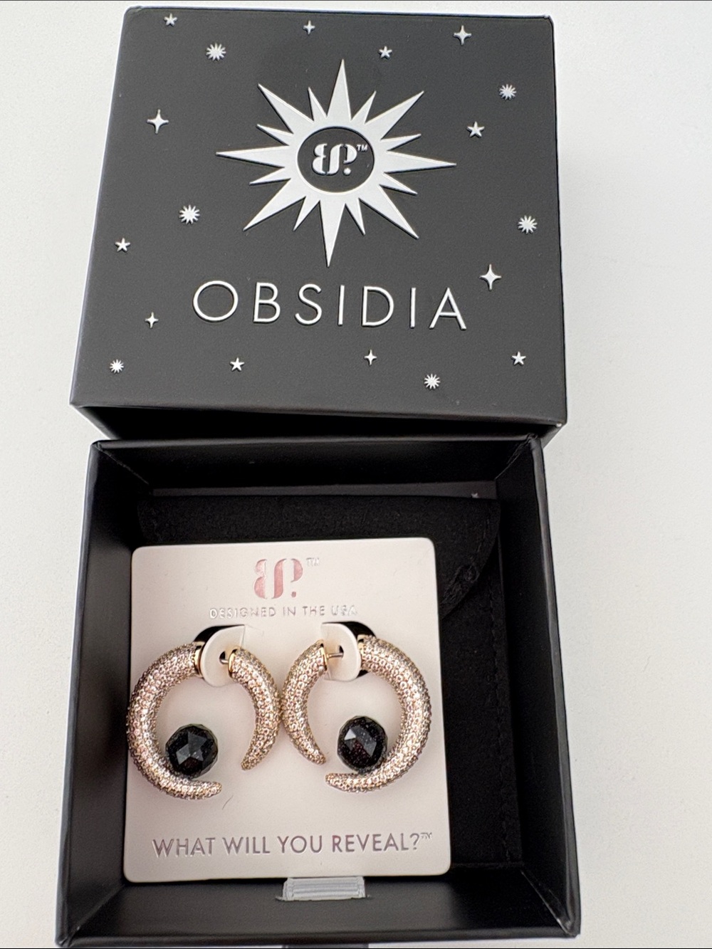 Obsidia Rose Gold Crescent Earrings with Black Stones